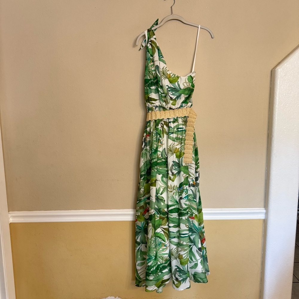 Antonio Melani LINEN Blend Selene Tropical Print One Shoulder Belted Dress Sz 12 - Picture 2 of 16